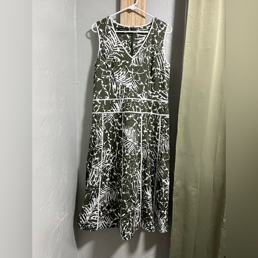 Lafayette 148 New York olive green tropical floral a-line midi dress size 10